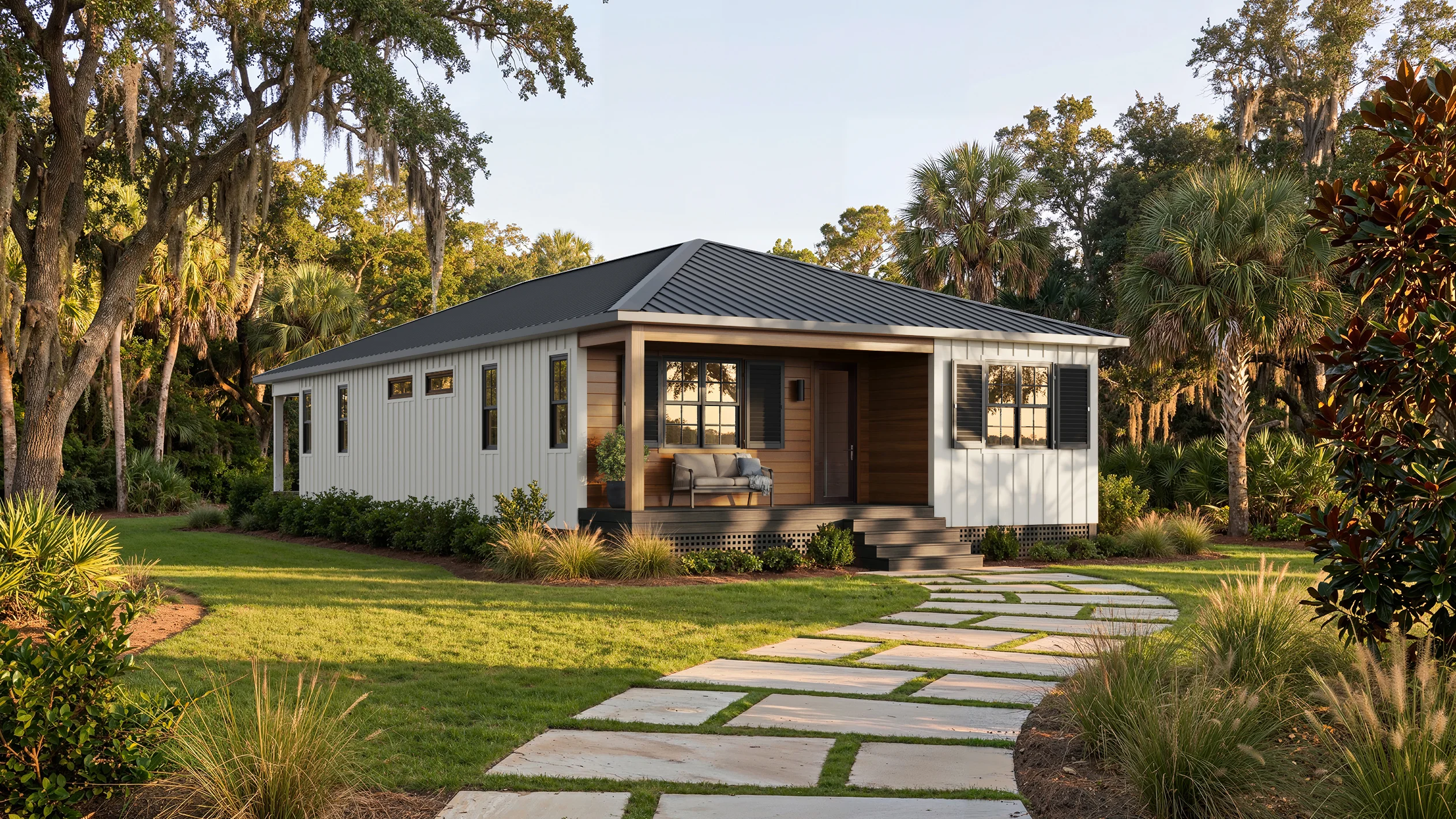 Douglass steel-frame panelized home exterior, Southern landscape
