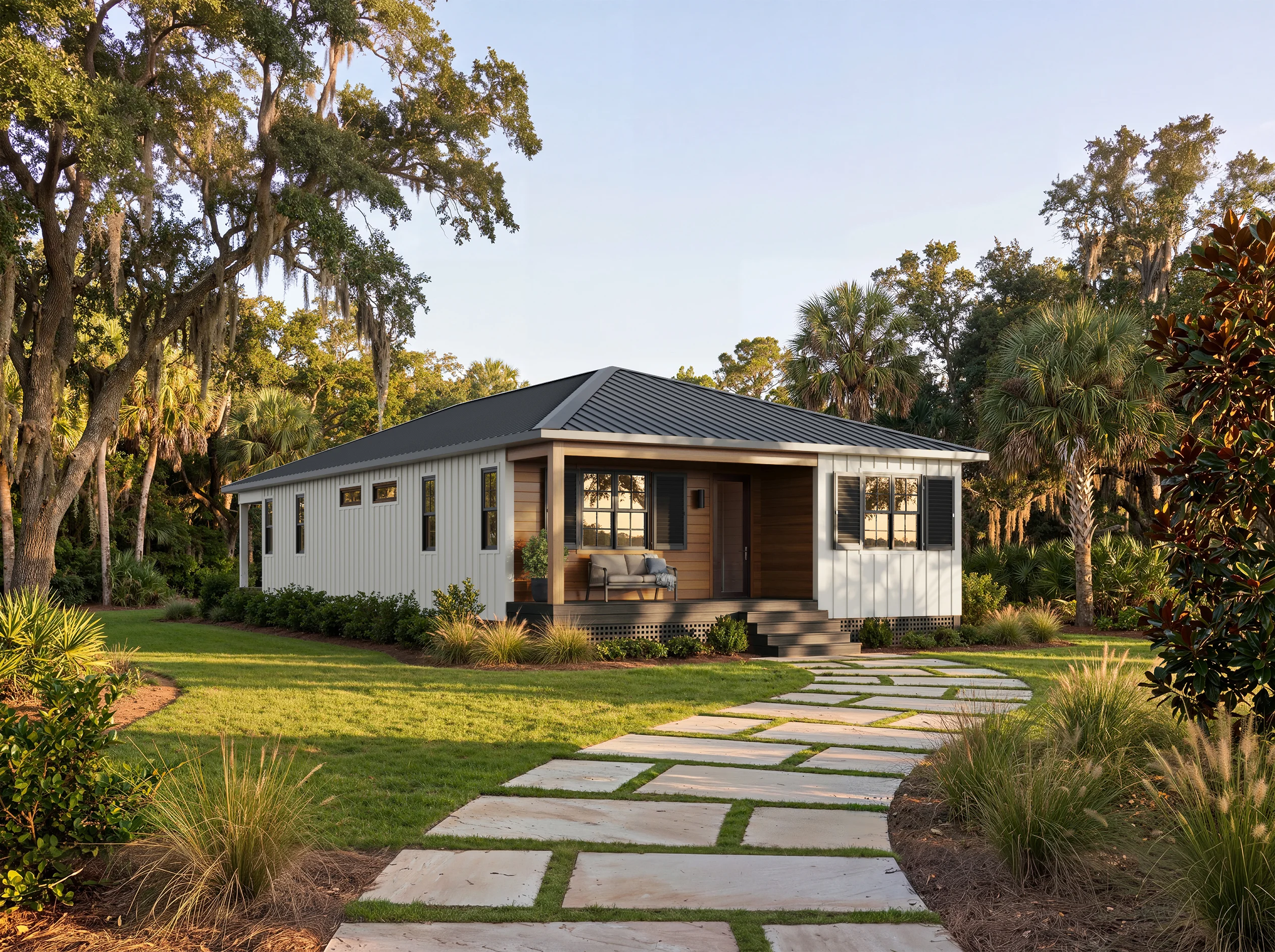 Douglass exterior front view, compact three-bedroom steel-frame panelized home