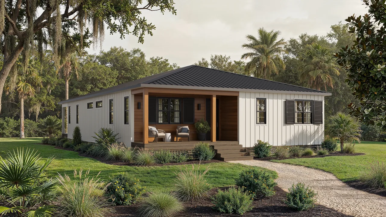Lumee Homes steel-frame panelized home exterior, Southern landscape, late-afternoon light