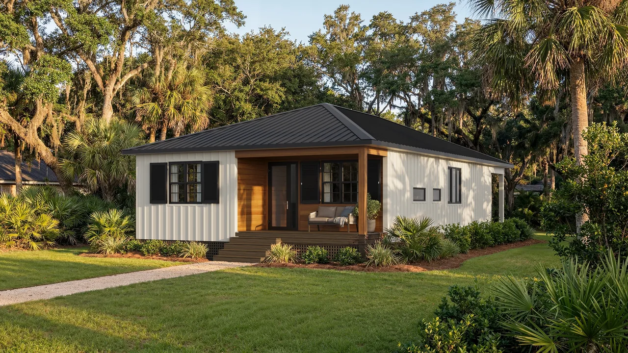 Quincy steel-frame panelized home exterior, Southern landscape