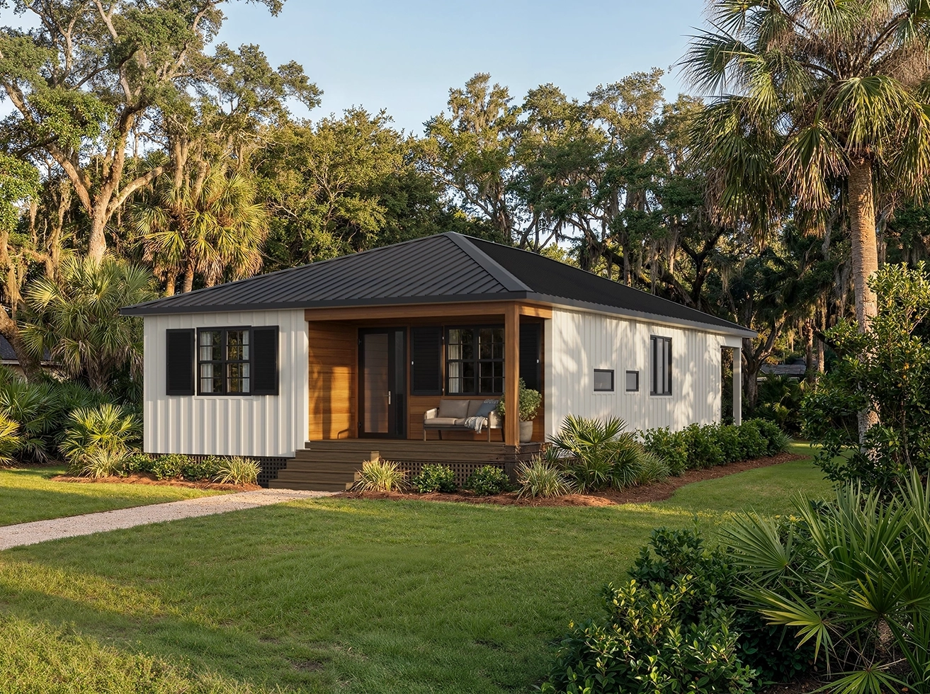 Quincy exterior front view, compact steel-frame panelized home