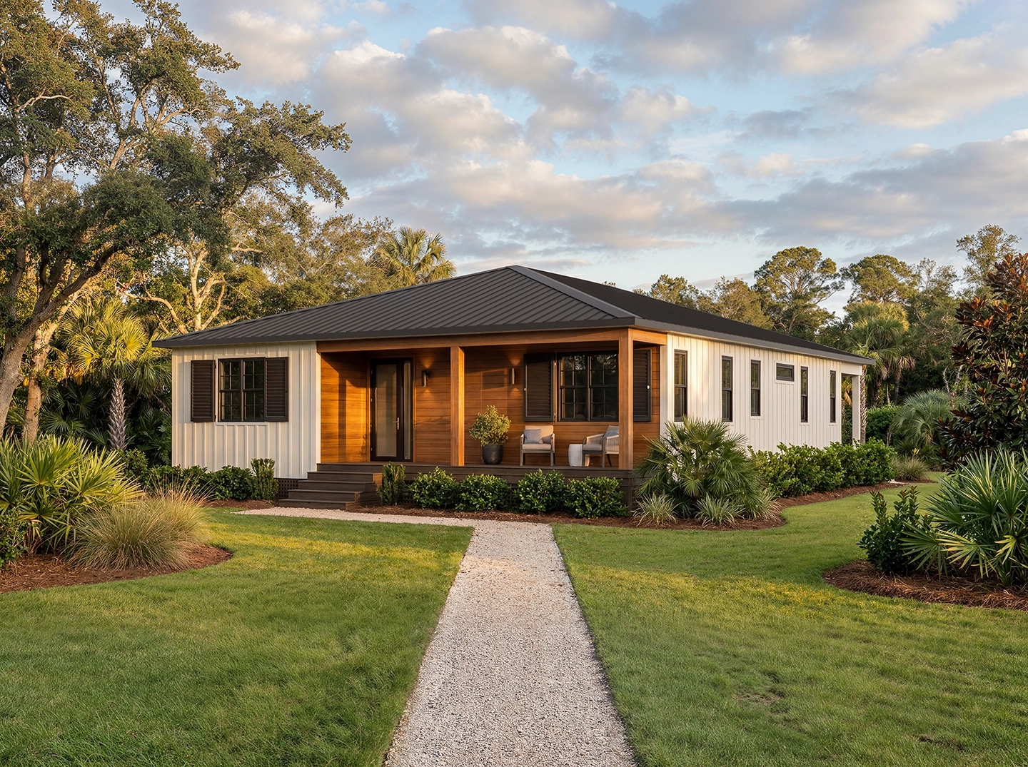 Roebuck exterior front view, balanced family panelized home with deep porch